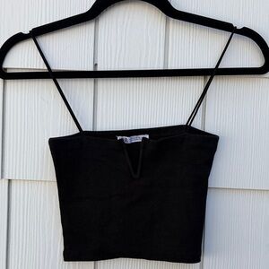 Zara Black Ribbed V-Notch Spaghetti Strap Crop Top